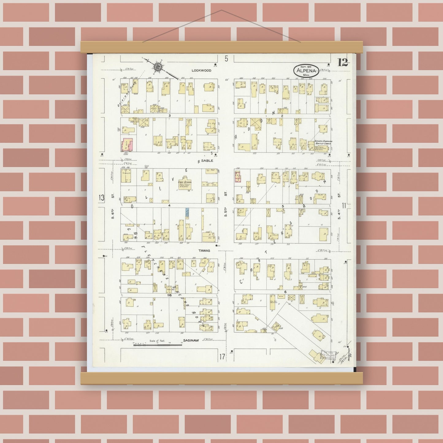 Old map wall art mockup — magnetic wood frame on brick wall — Sanborn Fire Insurance Map from Alpena, Alpena County, Michigan (1910), Sheet #0012