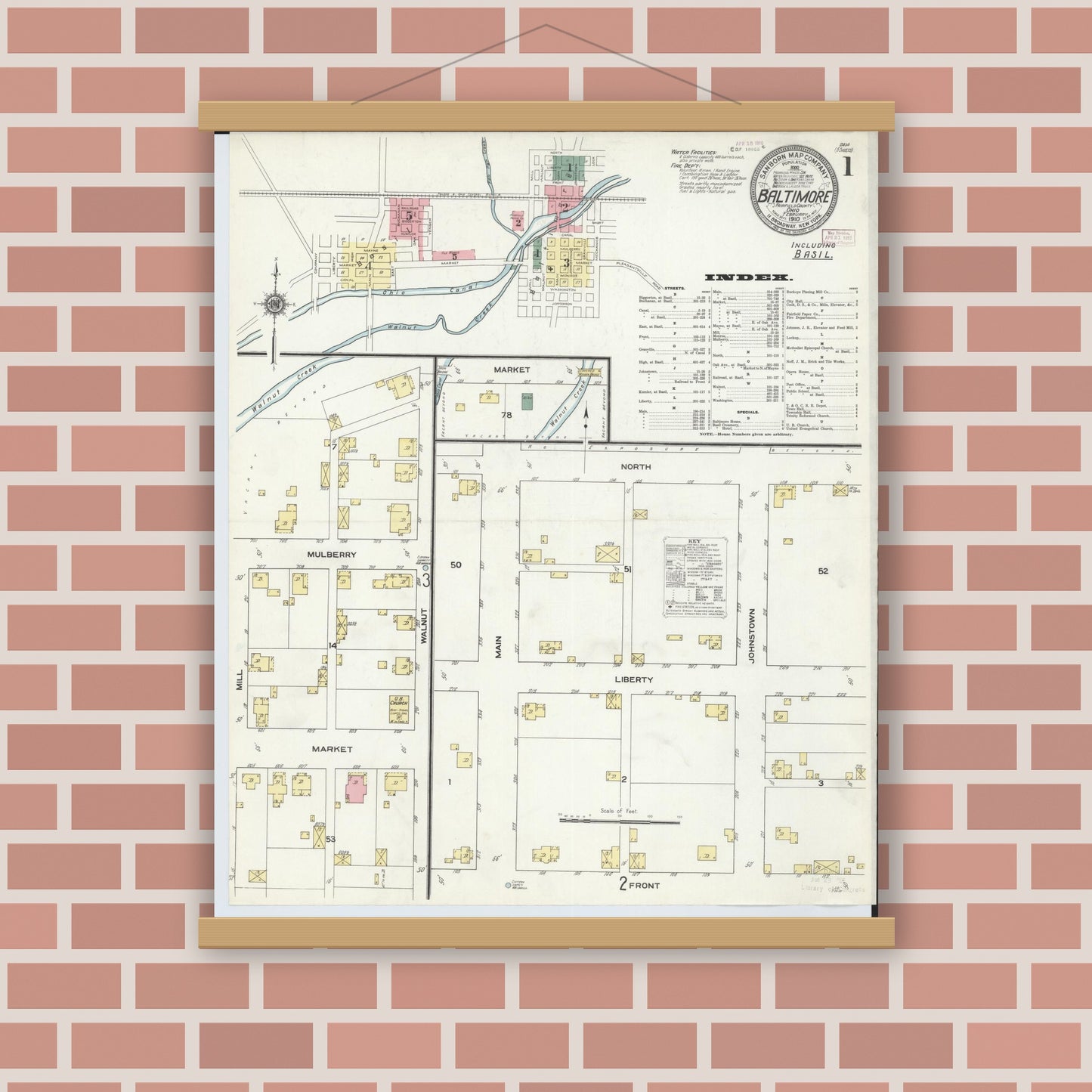 Old map wall art mockup — magnetic wood frame on brick wall — Sanborn Fire Insurance Map from Baltimore, Fairfield County, Ohio (1910) - Complete Map Set