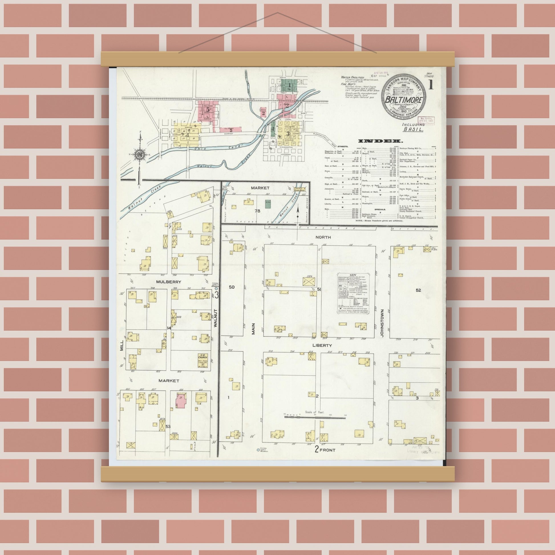 Old map wall art mockup — magnetic wood frame on brick wall — Sanborn Fire Insurance Map from Baltimore, Fairfield County, Ohio (1910) - Complete Map Set