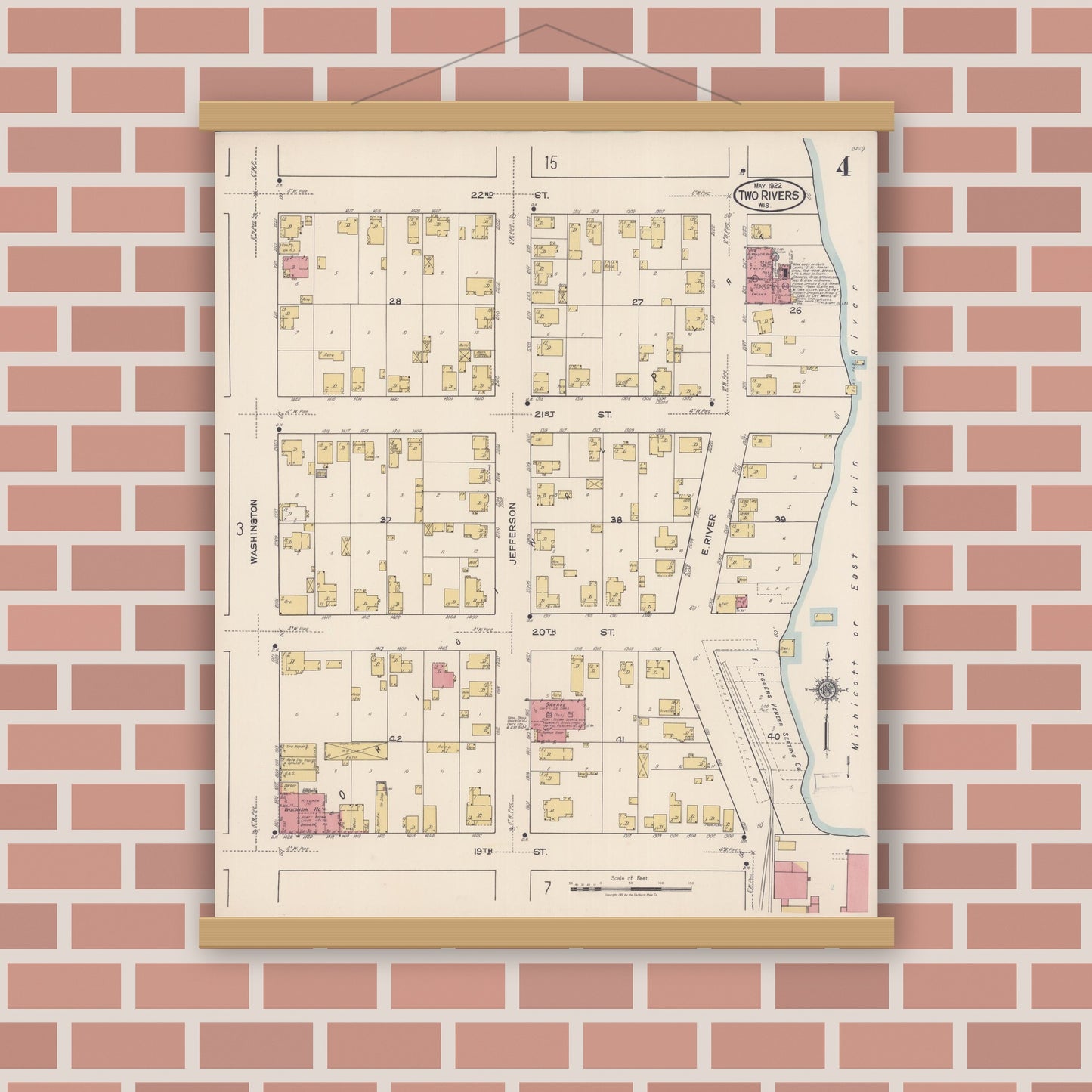 Old map wall art mockup — magnetic wood frame on brick wall — Sanborn Fire Insurance Map from Two Rivers, Manitowoc County, Wisconsin (1922), Sheet #0004