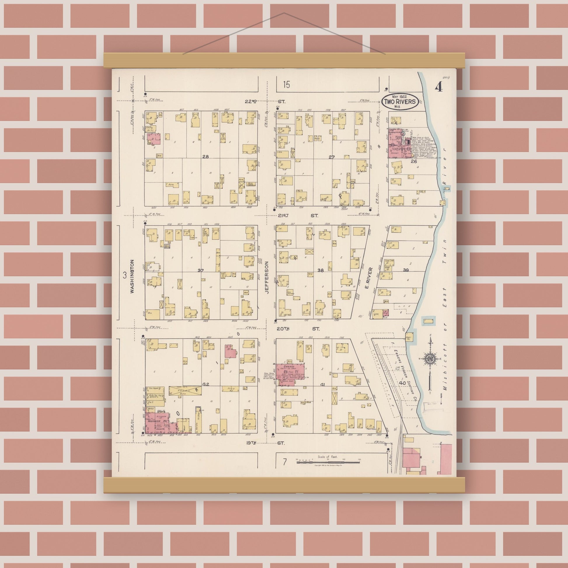 Old map wall art mockup — magnetic wood frame on brick wall — Sanborn Fire Insurance Map from Two Rivers, Manitowoc County, Wisconsin (1922), Sheet #0004