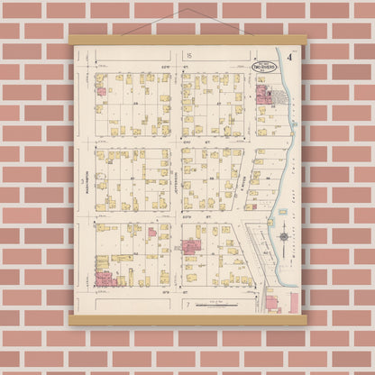 Old map wall art mockup — magnetic wood frame on brick wall — Sanborn Fire Insurance Map from Two Rivers, Manitowoc County, Wisconsin (1922), Sheet #0004
