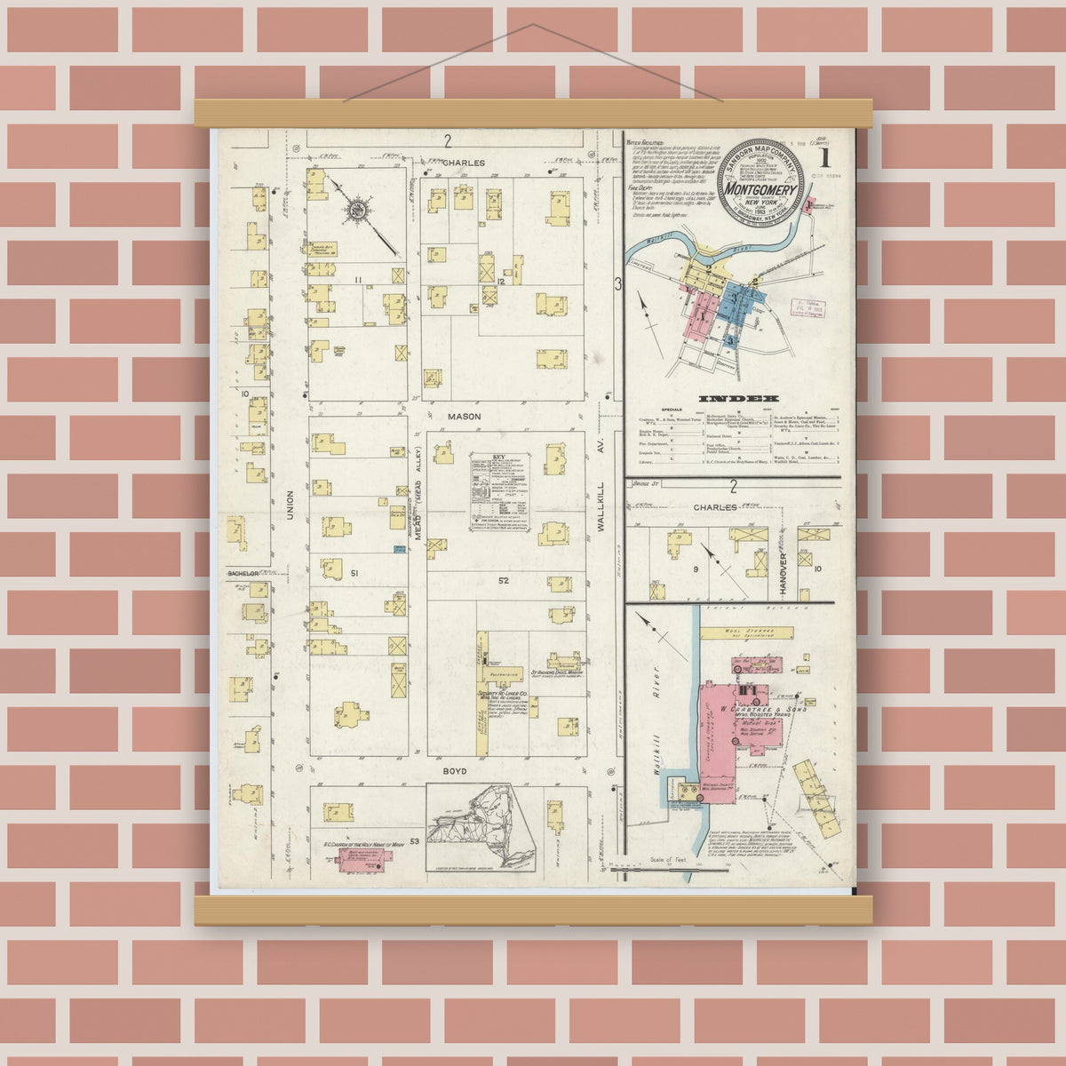 Old map wall art mockup — magnetic wood frame on brick wall — Sanborn Fire Insurance Map from Montgomery, Orange County, New York (1913) - Complete Map Set