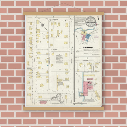 Old map wall art mockup — magnetic wood frame on brick wall — Sanborn Fire Insurance Map from Montgomery, Orange County, New York (1913) - Complete Map Set