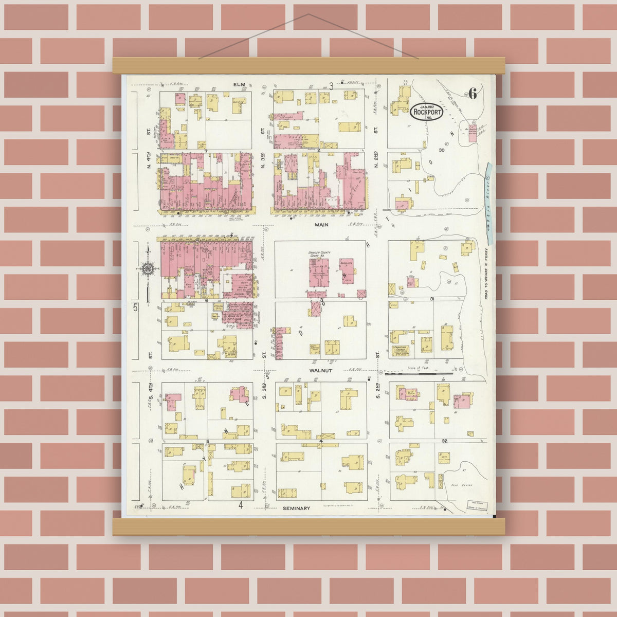 Old map wall art mockup — magnetic wood frame on brick wall — Sanborn Fire Insurance Map from Rockport, Spencer County, Indiana (1917), Sheet #0006