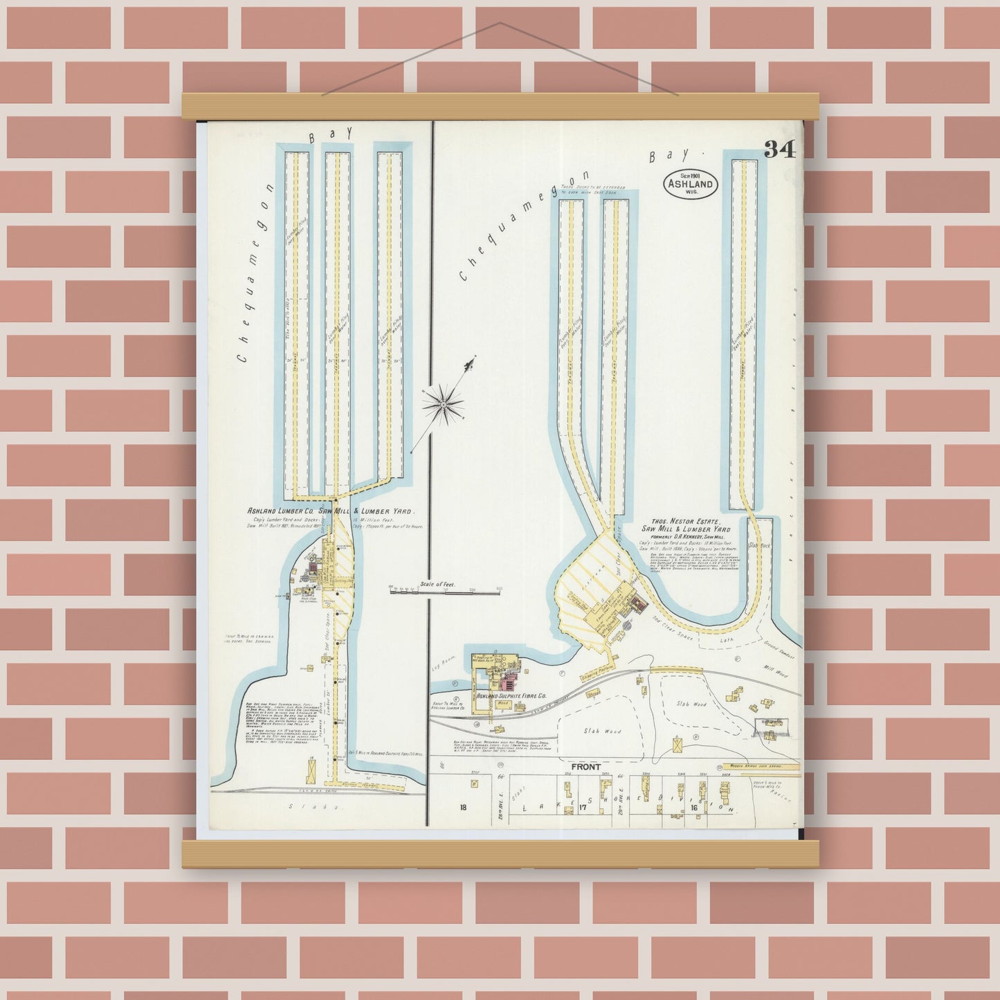 Old map wall art mockup — magnetic wood frame on brick wall — Sanborn Fire Insurance Map from Ashland, Ashland County, Wisconsin (1901), Sheet #0034