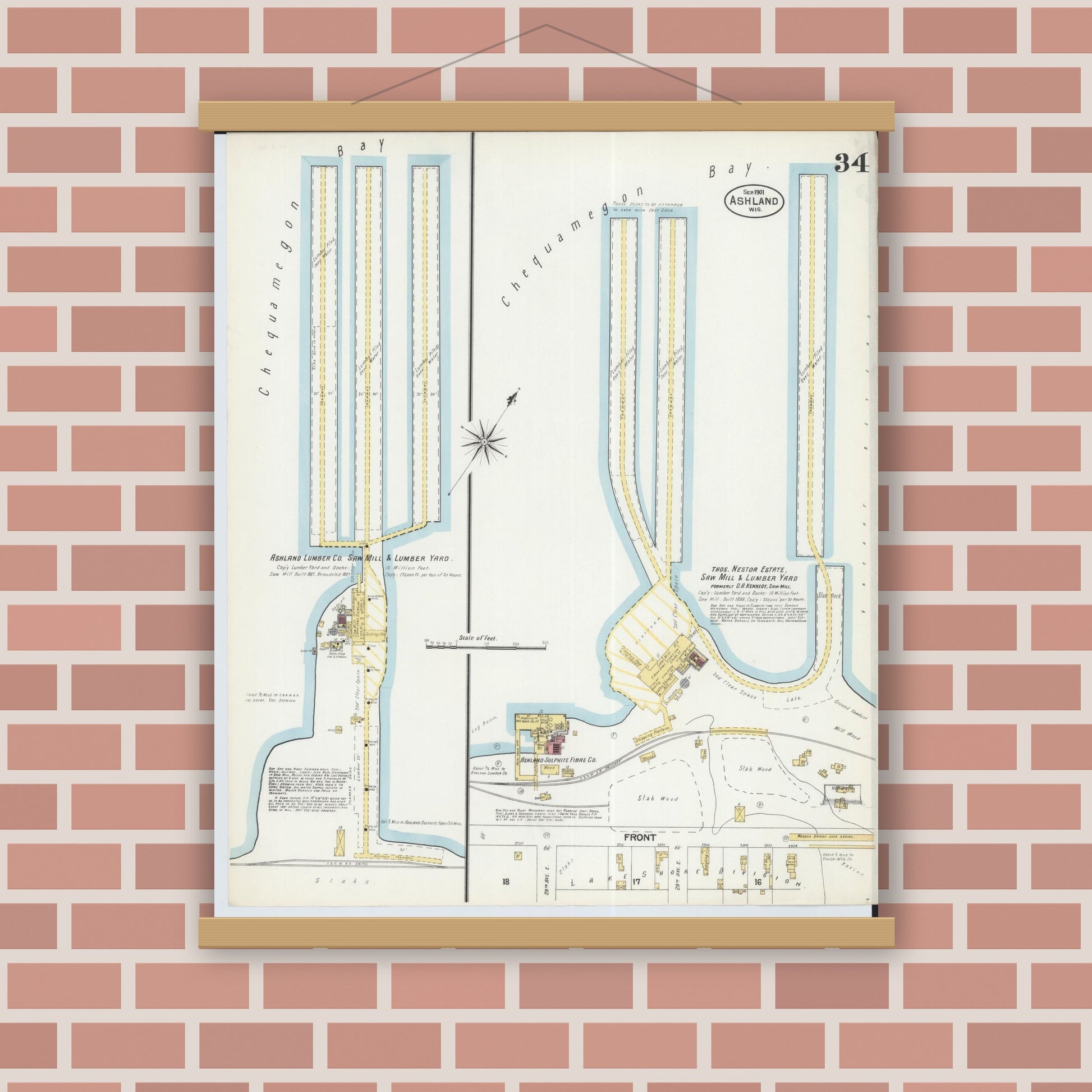 Old map wall art mockup — magnetic wood frame on brick wall — Sanborn Fire Insurance Map from Ashland, Ashland County, Wisconsin (1901), Sheet #0034