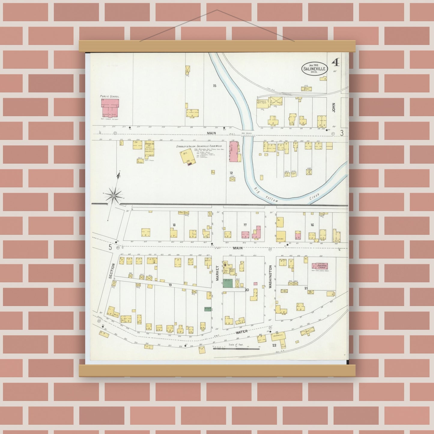 Old map wall art mockup — magnetic wood frame on brick wall — Sanborn Fire Insurance Map from Salineville, Columbiana County, Ohio (1902), Sheet #0004