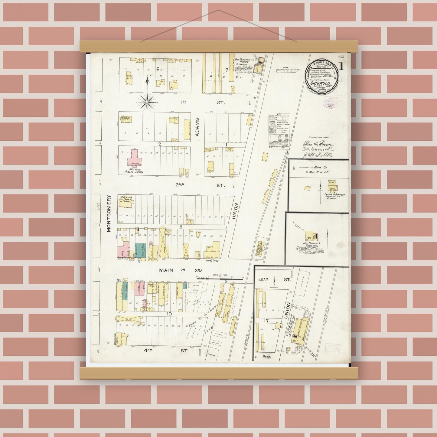 Old map wall art mockup — magnetic wood frame on brick wall — Sanborn Fire Insurance Map from Griswold, Cass County, Iowa (1894), Sheet #0001