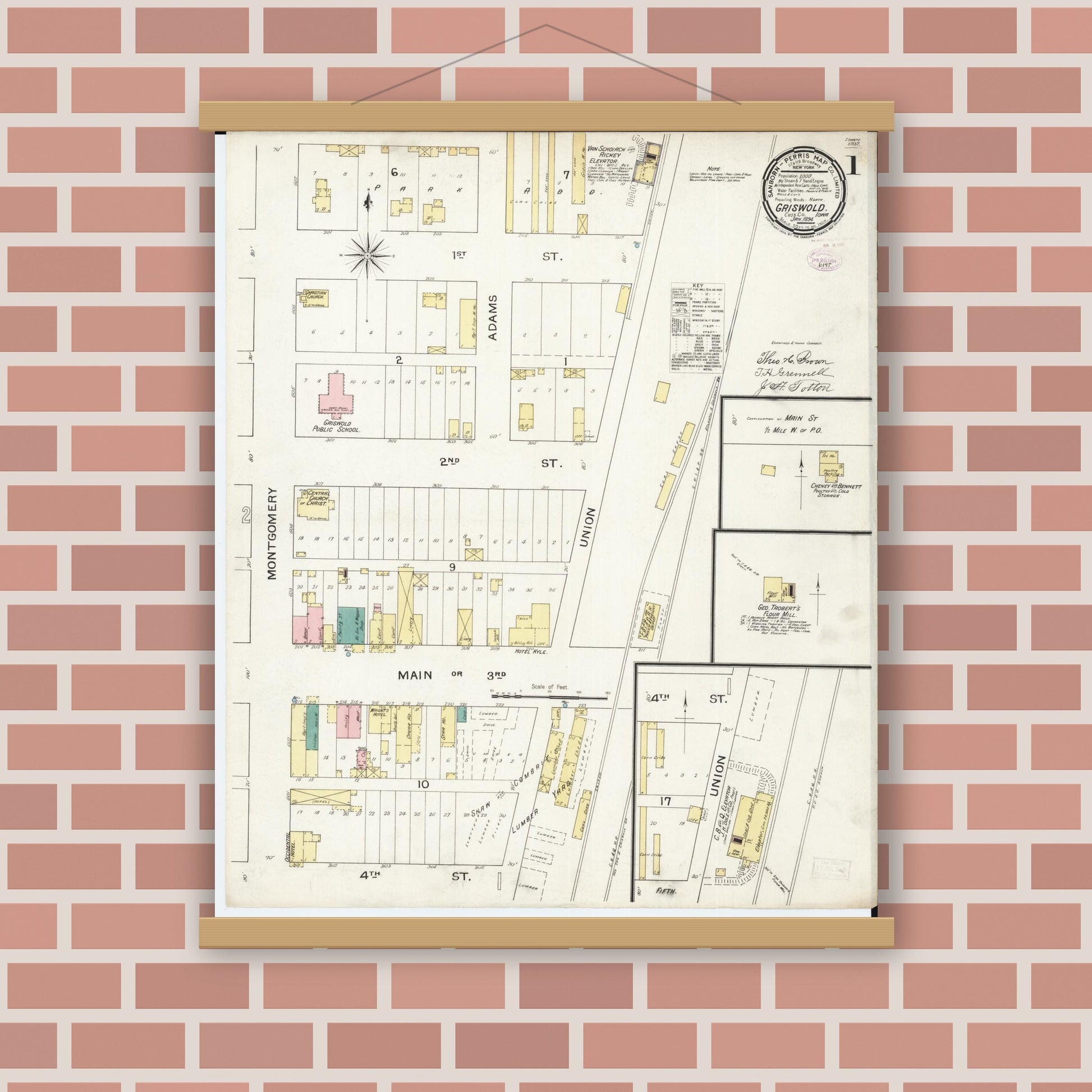Old map wall art mockup — magnetic wood frame on brick wall — Sanborn Fire Insurance Map from Griswold, Cass County, Iowa (1894), Sheet #0001