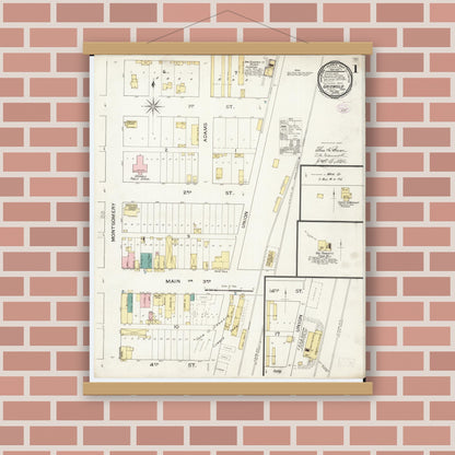 Old map wall art mockup — magnetic wood frame on brick wall — Sanborn Fire Insurance Map from Griswold, Cass County, Iowa (1894), Sheet #0001