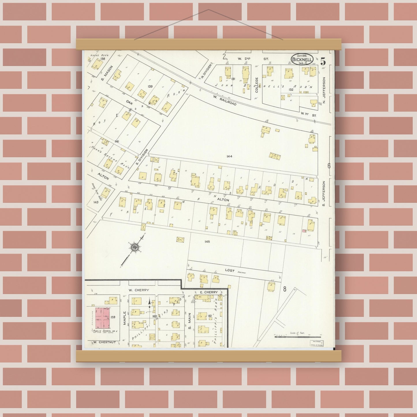 Old map wall art mockup — magnetic wood frame on brick wall — Sanborn Fire Insurance Map from Bicknell, Knox County, Indiana (1915), Sheet #0005