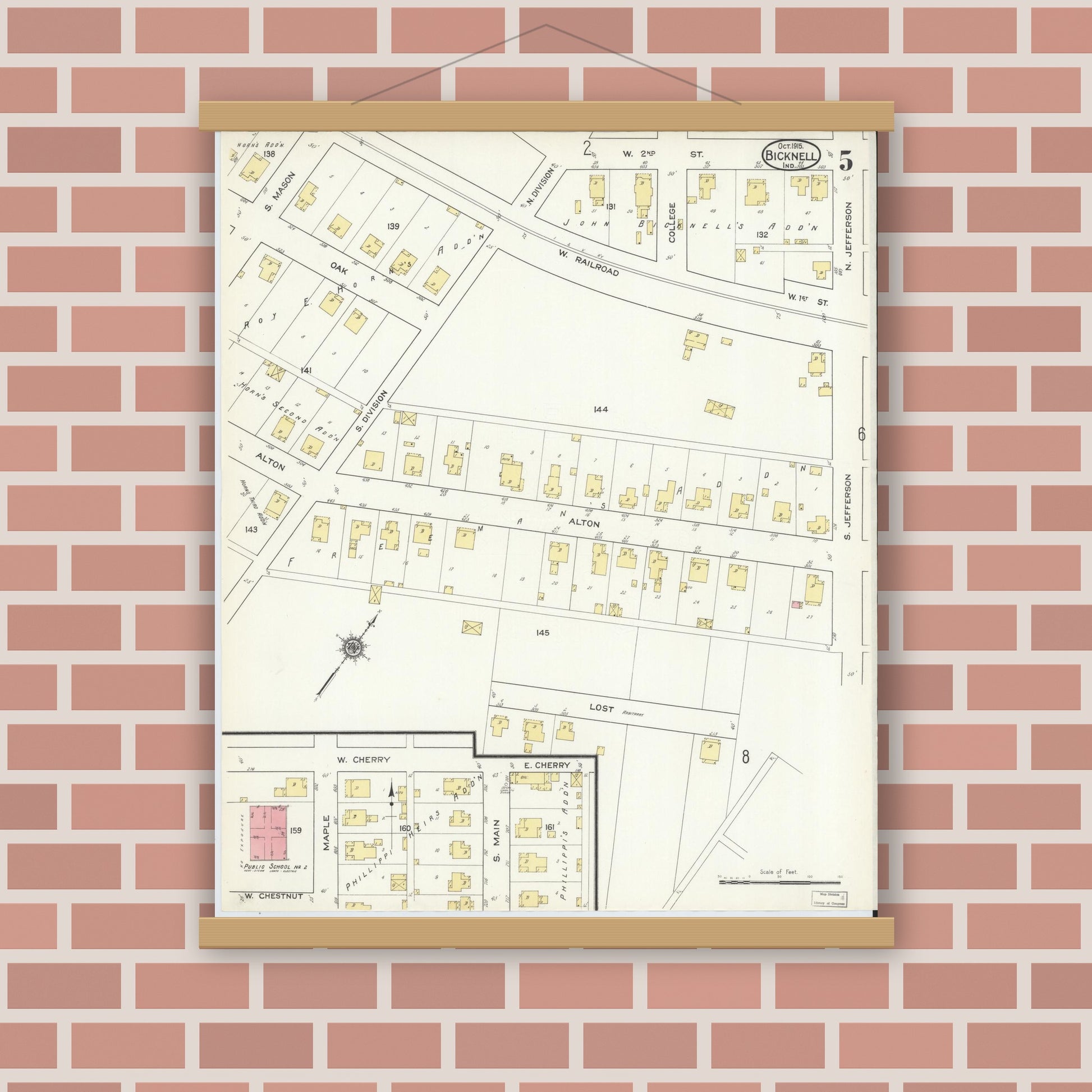 Old map wall art mockup — magnetic wood frame on brick wall — Sanborn Fire Insurance Map from Bicknell, Knox County, Indiana (1915), Sheet #0005