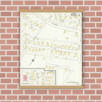 Old map wall art mockup — magnetic wood frame on brick wall — Sanborn Fire Insurance Map from Bicknell, Knox County, Indiana (1915), Sheet #0005