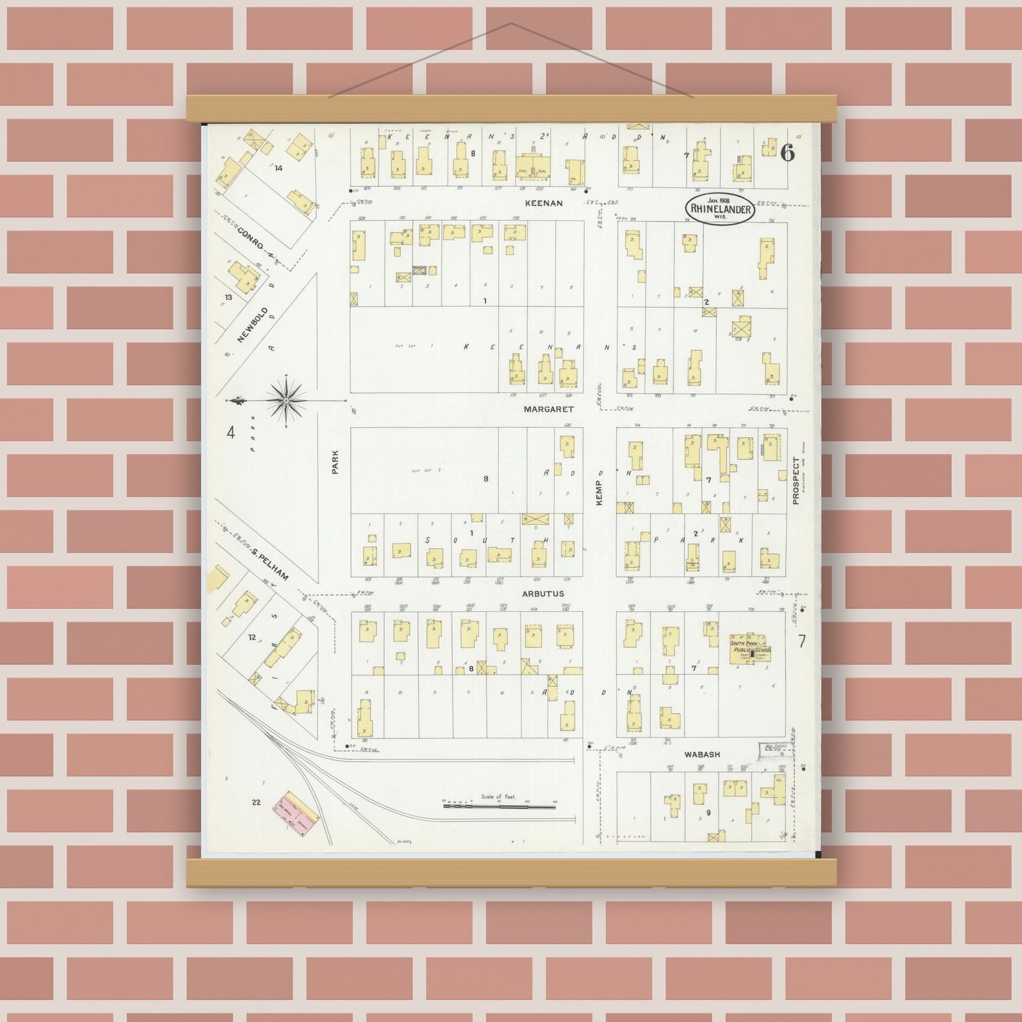Old map wall art mockup — magnetic wood frame on brick wall — Sanborn Fire Insurance Map from Rhinelander, Oneida County, Wisconsin (1908), Sheet #0006