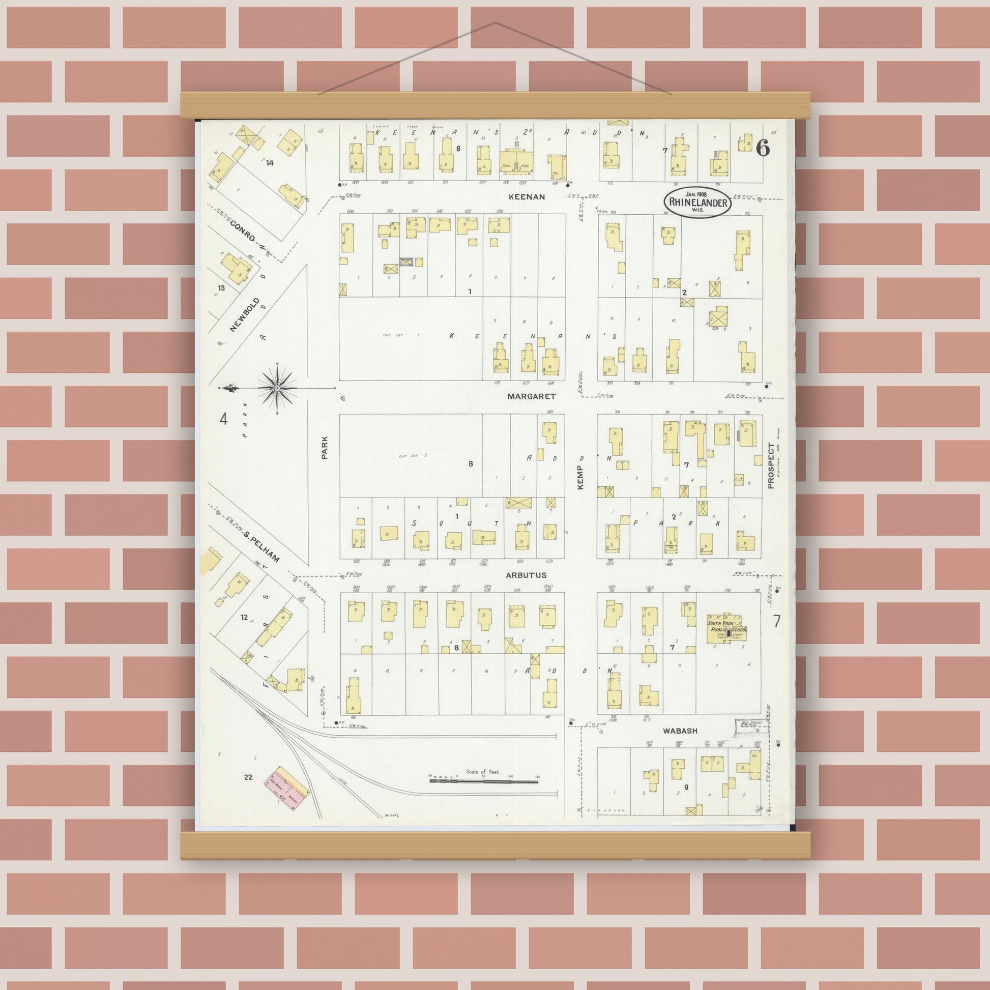 Old map wall art mockup — magnetic wood frame on brick wall — Sanborn Fire Insurance Map from Rhinelander, Oneida County, Wisconsin (1908), Sheet #0006