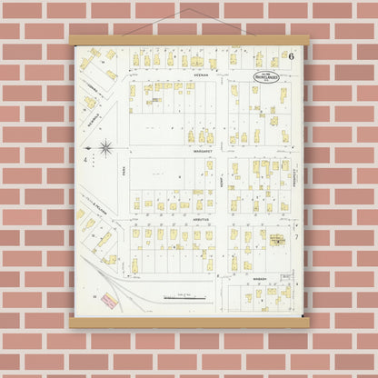 Old map wall art mockup — magnetic wood frame on brick wall — Sanborn Fire Insurance Map from Rhinelander, Oneida County, Wisconsin (1908), Sheet #0006