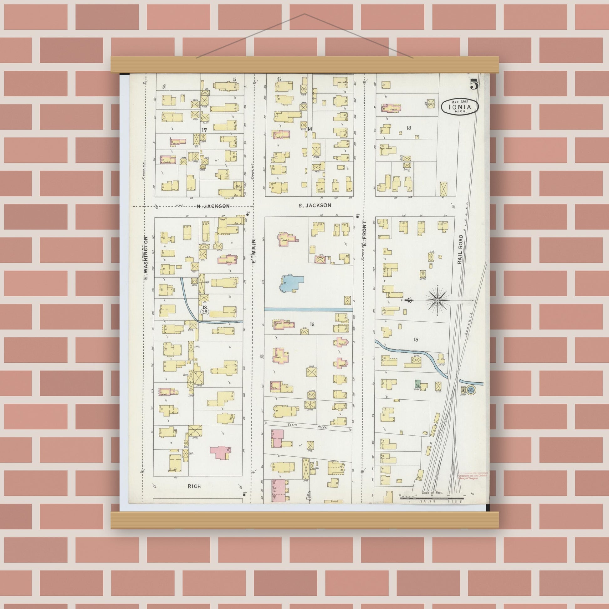 Old map wall art mockup — magnetic wood frame on brick wall — Sanborn Fire Insurance Map from Ionia, Ionia County, Michigan (1895), Sheet #0005