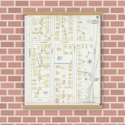Old map wall art mockup — magnetic wood frame on brick wall — Sanborn Fire Insurance Map from Ionia, Ionia County, Michigan (1895), Sheet #0005