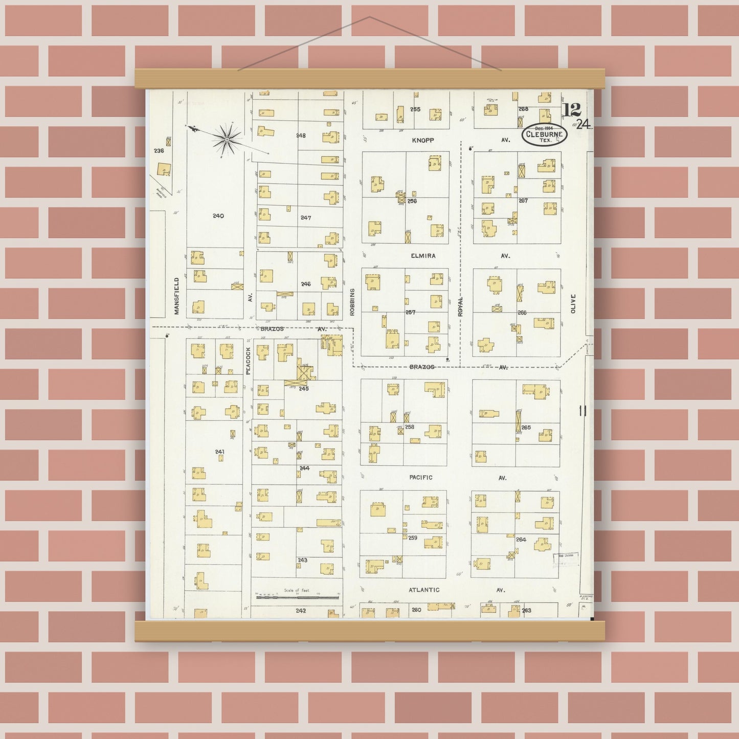Old map wall art mockup — magnetic wood frame on brick wall — Sanborn Fire Insurance Map from Cleburne, Johnson County, Texas (1904), Sheet #0012