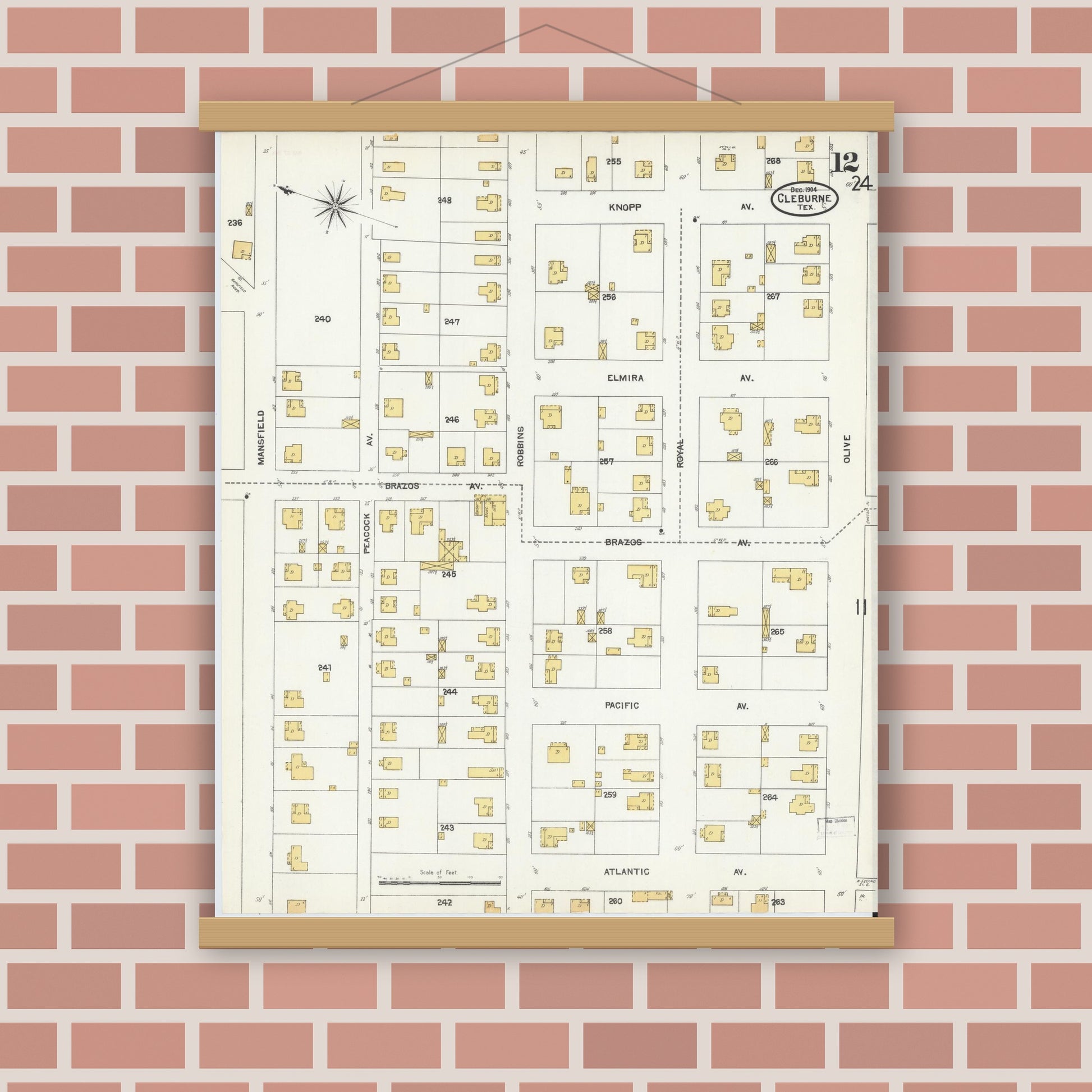 Old map wall art mockup — magnetic wood frame on brick wall — Sanborn Fire Insurance Map from Cleburne, Johnson County, Texas (1904), Sheet #0012