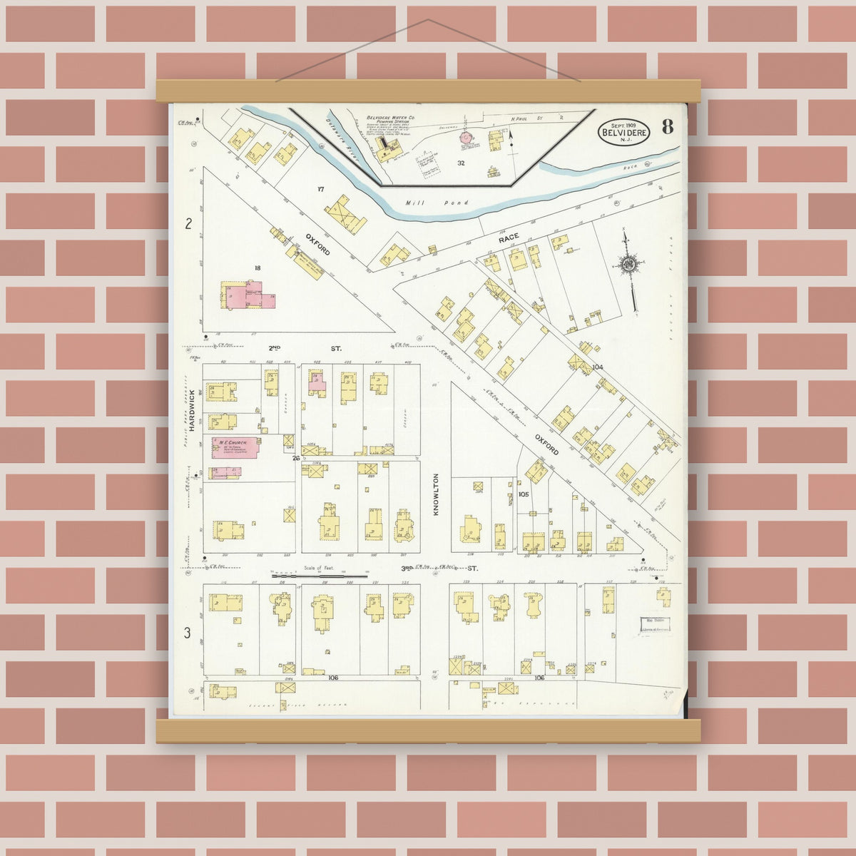 Old map wall art mockup — magnetic wood frame on brick wall — Sanborn Fire Insurance Map from Belvidere, Warren County, New Jersey (1909), Sheet #0008