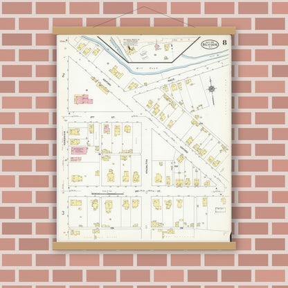 Old map wall art mockup — magnetic wood frame on brick wall — Sanborn Fire Insurance Map from Belvidere, Warren County, New Jersey (1909), Sheet #0008
