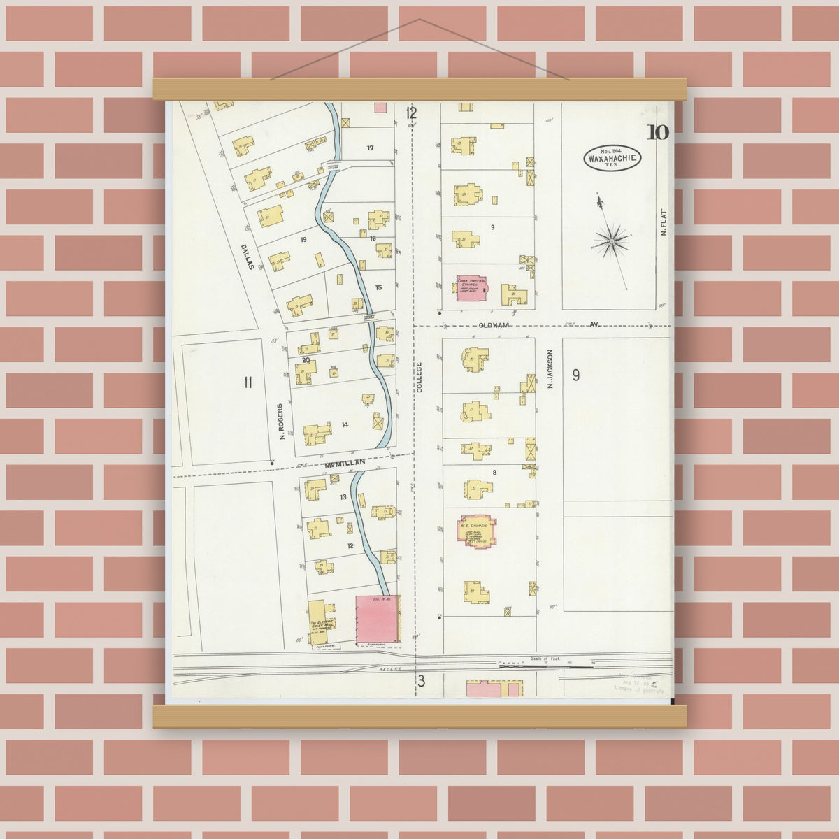Old map wall art mockup — magnetic wood frame on brick wall — Sanborn Fire Insurance Map from Waxahachie, Ellis County, Texas (1904), Sheet #0010