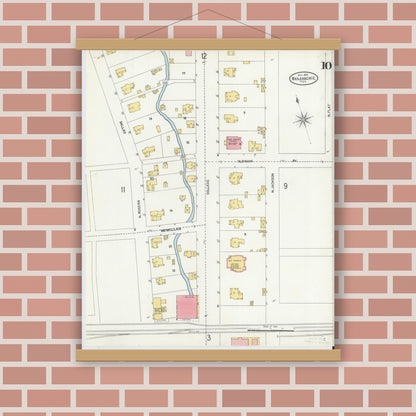 Old map wall art mockup — magnetic wood frame on brick wall — Sanborn Fire Insurance Map from Waxahachie, Ellis County, Texas (1904), Sheet #0010