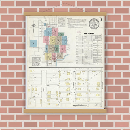 Old map wall art mockup — magnetic wood frame on brick wall — Sanborn Fire Insurance Map from Celina, Mercer County, Ohio (1914), Sheet #0001