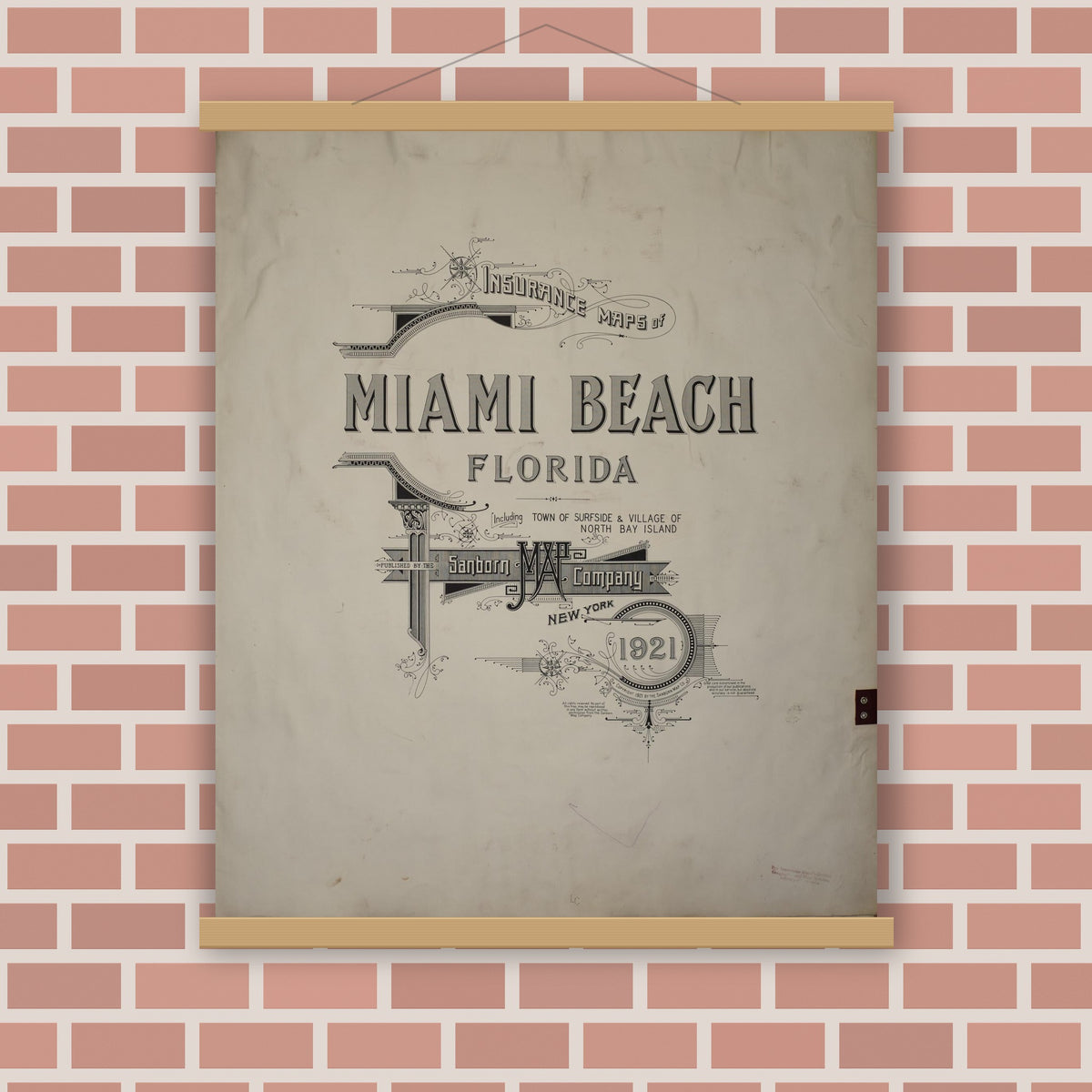 Old map wall art mockup — magnetic wood frame on brick wall — Sanborn Fire Insurance Map from Miami Beach, Dade County, Florida (1951), Sheet #0001