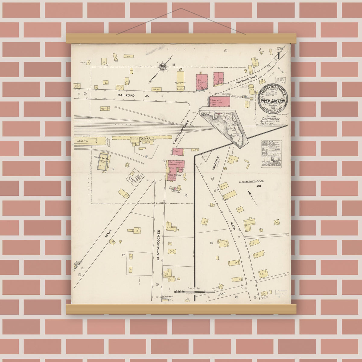 Old map wall art mockup — magnetic wood frame on brick wall — Sanborn Fire Insurance Map from River Junction, Gadsden County, Florida (1922) - Complete Map Set
