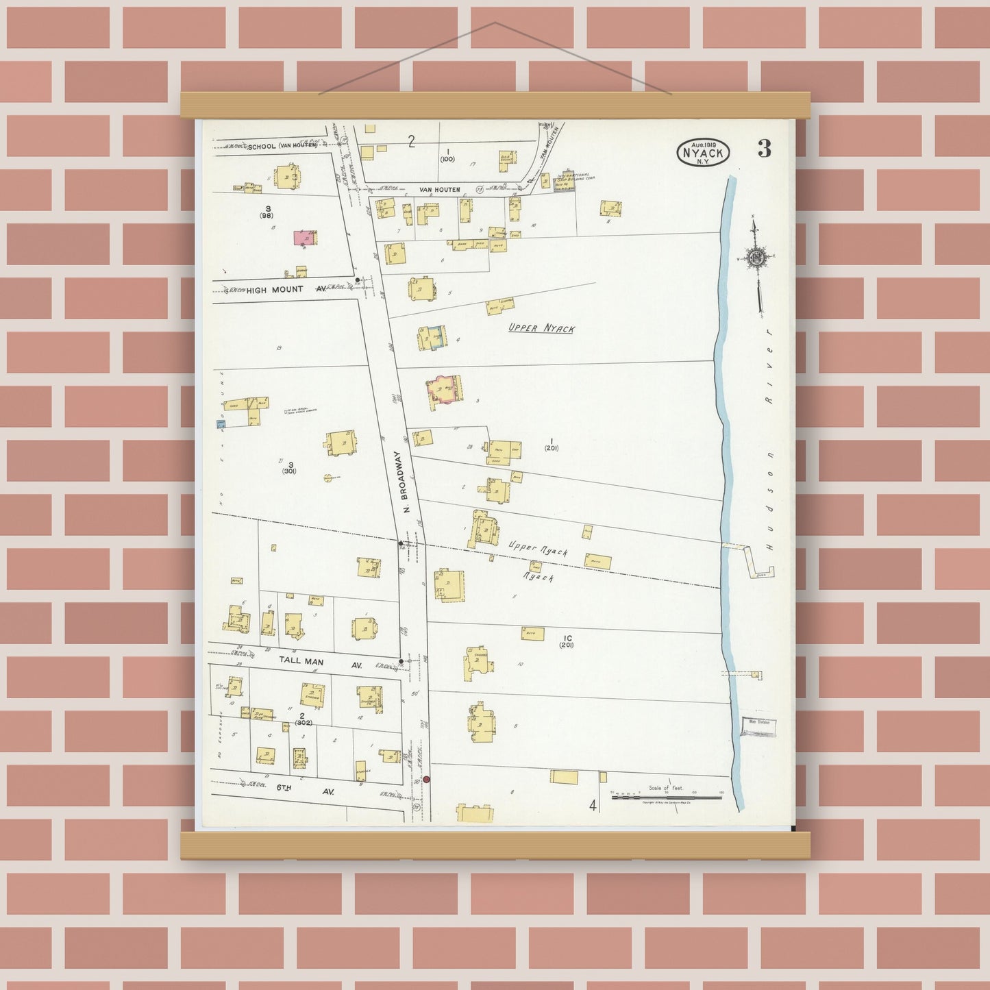 Old map wall art mockup — magnetic wood frame on brick wall — Sanborn Fire Insurance Map from Nyack, Rockland County, New York. (1919), Sheet #0003
