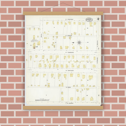 Old map wall art mockup — magnetic wood frame on brick wall — Sanborn Fire Insurance Map from McKinney, Collin County, Texas (1908), Sheet #0002