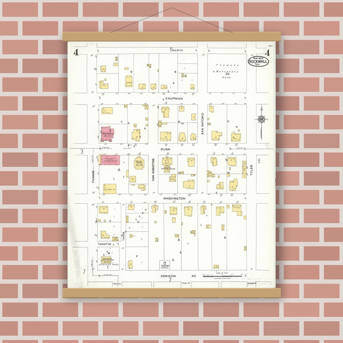 Old map wall art mockup — magnetic wood frame on brick wall — Sanborn Fire Insurance Map from Rockwall, Rockwall County, Texas (1923), Sheet #0004
