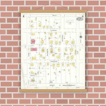Old map wall art mockup — magnetic wood frame on brick wall — Sanborn Fire Insurance Map from Rockwall, Rockwall County, Texas (1923), Sheet #0004