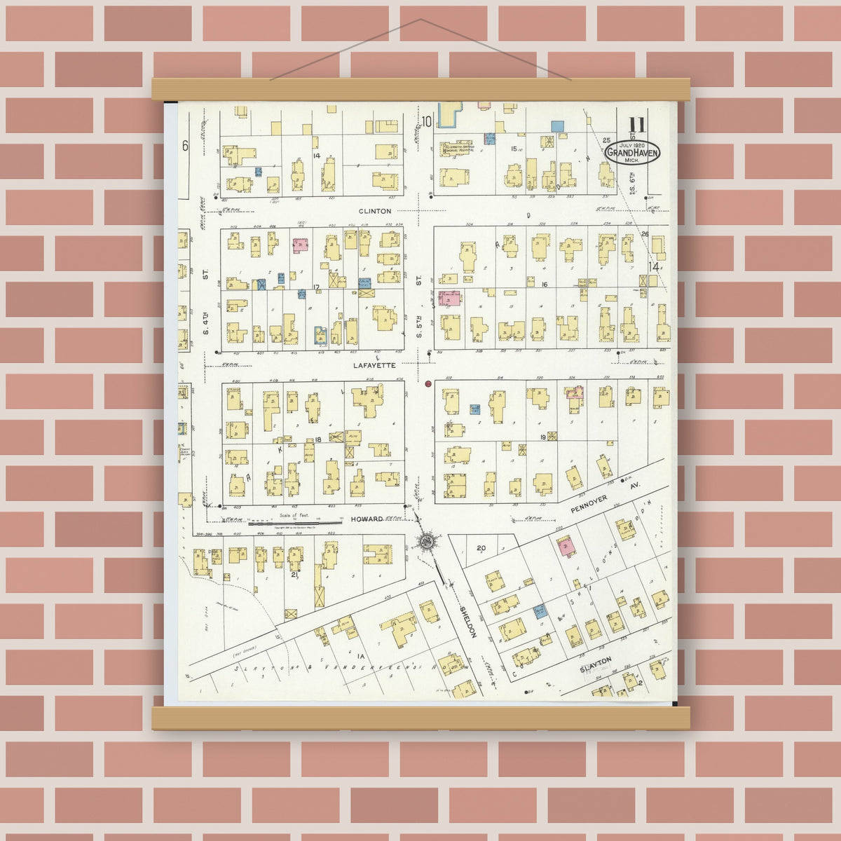 Old map wall art mockup — magnetic wood frame on brick wall — Sanborn Fire Insurance Map from Grand Haven, Ottawa County, Michigan (1920), Sheet #0011