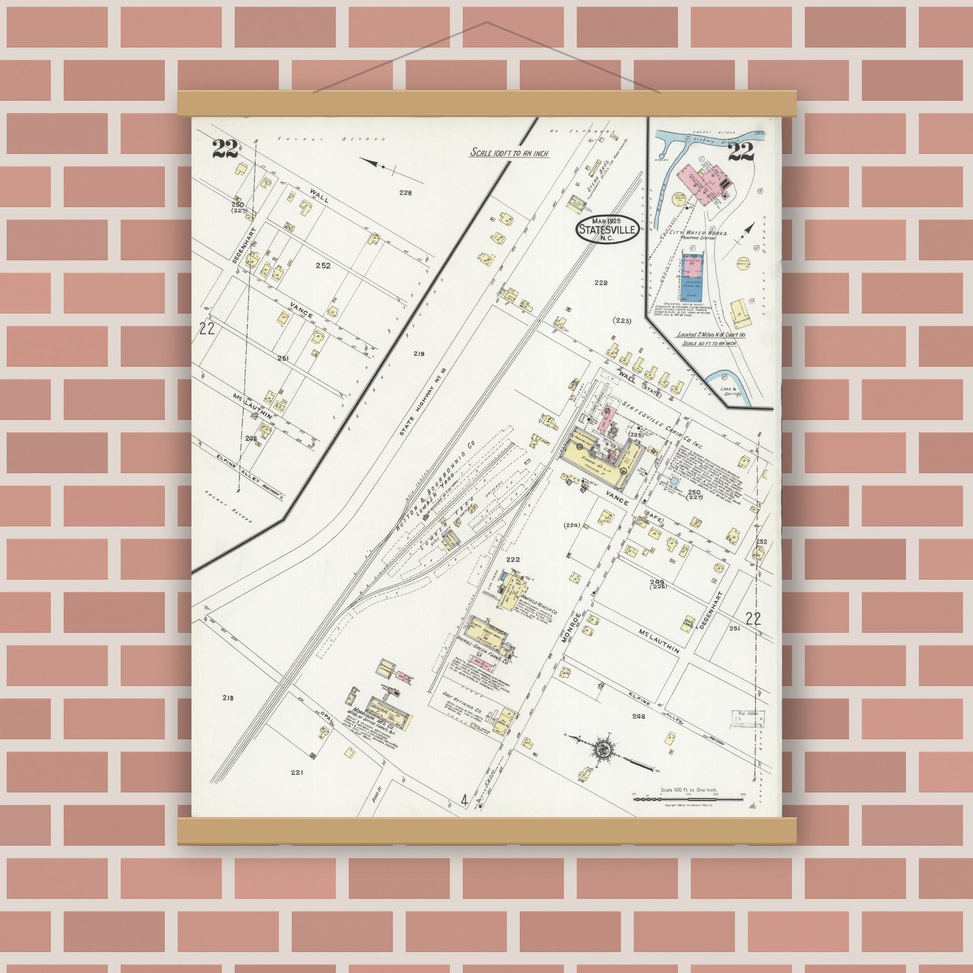 Old map wall art mockup — magnetic wood frame on brick wall — Sanborn Fire Insurance Map from Statesville, Iredell County, North Carolina (1925), Sheet #0022