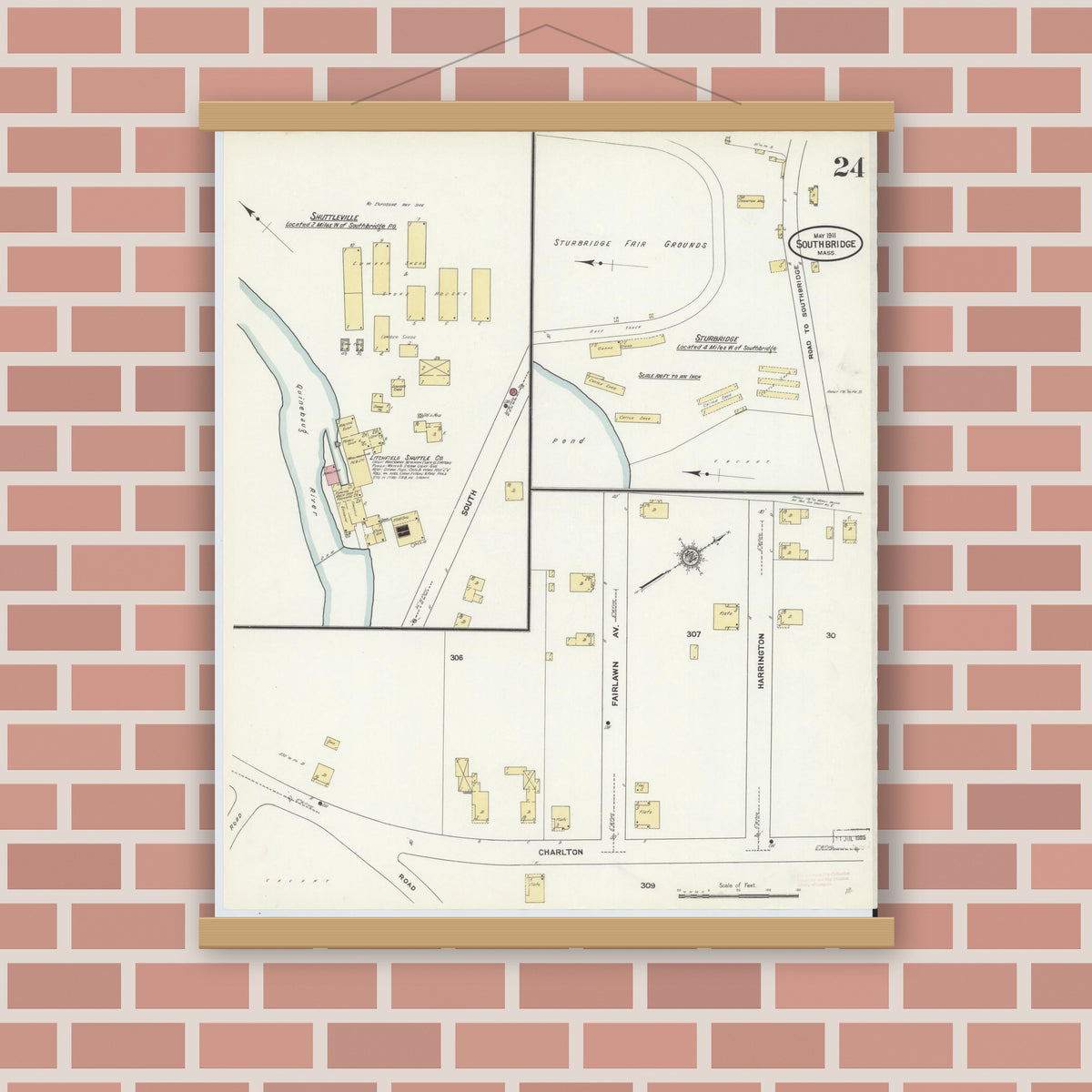 Old map wall art mockup — magnetic wood frame on brick wall — Sanborn Fire Insurance Map from Southbridge, Worcester County, Massachusetts (1911), Sheet #0024
