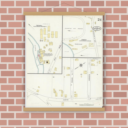 Old map wall art mockup — magnetic wood frame on brick wall — Sanborn Fire Insurance Map from Southbridge, Worcester County, Massachusetts (1911), Sheet #0024