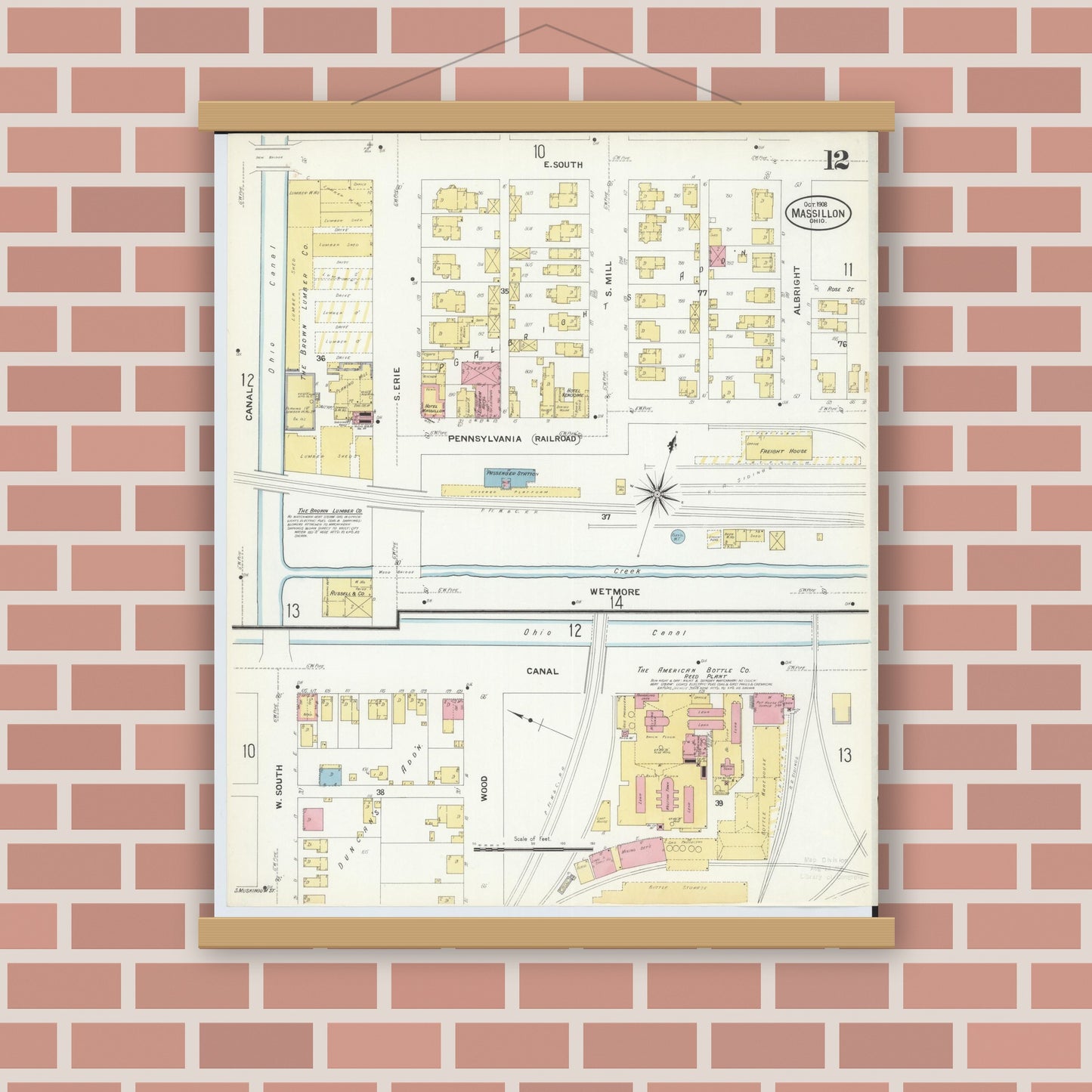 Old map wall art mockup — magnetic wood frame on brick wall — Sanborn Fire Insurance Map from Massillon, Stark County, Ohio (1908), Sheet #0012