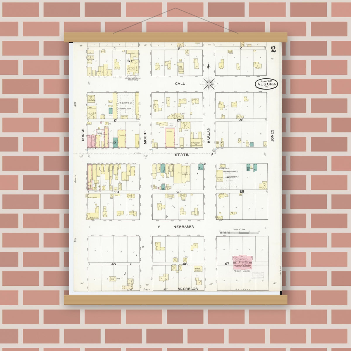 Old map wall art mockup — magnetic wood frame on brick wall — Sanborn Fire Insurance Map from Algona, Kossuth County, Iowa (1892), Sheet #0002