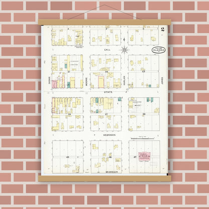 Old map wall art mockup — magnetic wood frame on brick wall — Sanborn Fire Insurance Map from Algona, Kossuth County, Iowa (1892), Sheet #0002