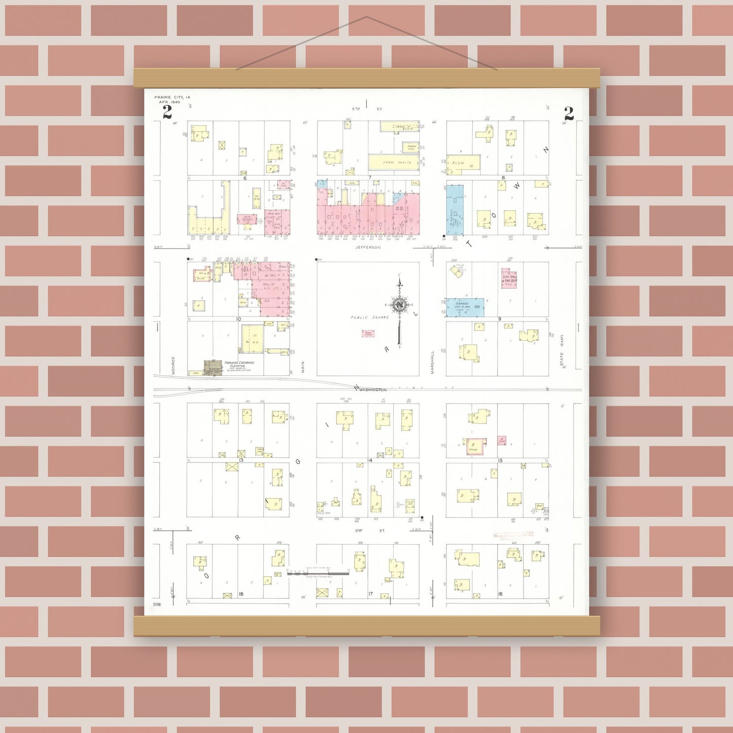 Old map wall art mockup — magnetic wood frame on brick wall — Sanborn Fire Insurance Map from Prairie City, Jasper County, Iowa (1940), Sheet #0002