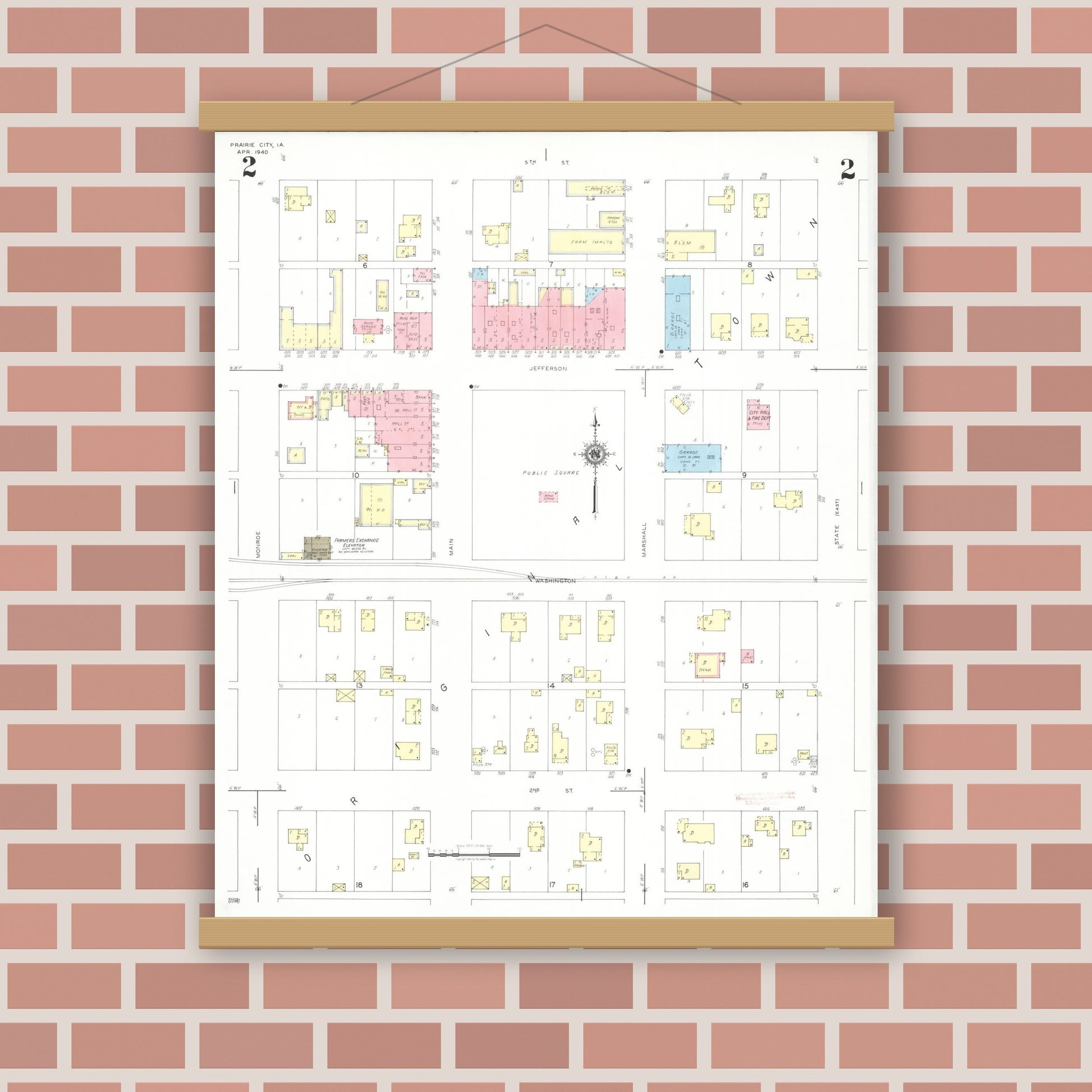 Old map wall art mockup — magnetic wood frame on brick wall — Sanborn Fire Insurance Map from Prairie City, Jasper County, Iowa (1940), Sheet #0002