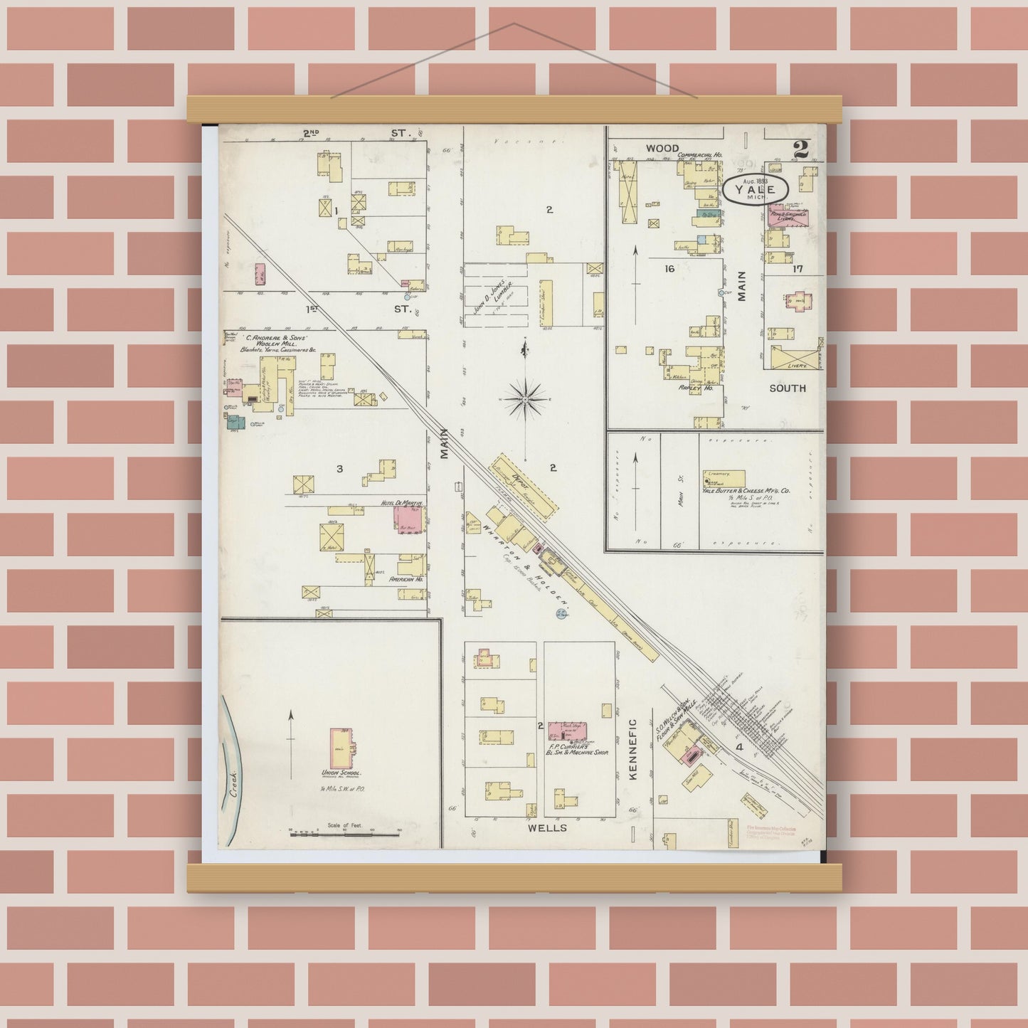 Old map wall art mockup — magnetic wood frame on brick wall — Sanborn Fire Insurance Map from Yale, Saint Clair County, Michigan (1893), Sheet #0002