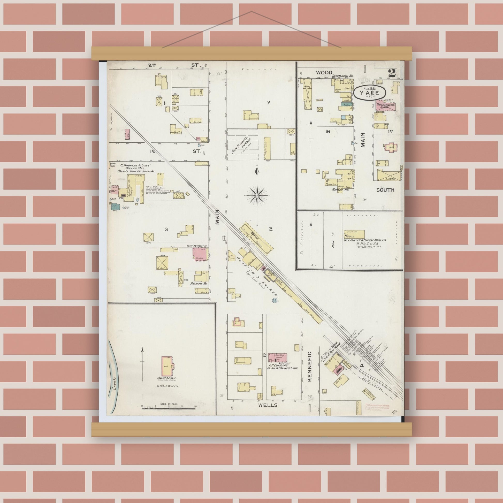 Old map wall art mockup — magnetic wood frame on brick wall — Sanborn Fire Insurance Map from Yale, Saint Clair County, Michigan (1893), Sheet #0002