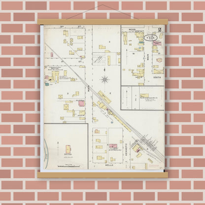 Old map wall art mockup — magnetic wood frame on brick wall — Sanborn Fire Insurance Map from Yale, Saint Clair County, Michigan (1893), Sheet #0002