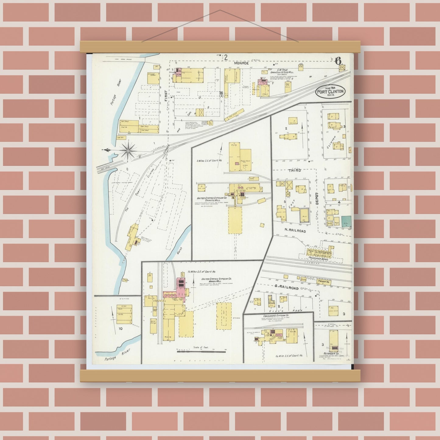 Old map wall art mockup — magnetic wood frame on brick wall — Sanborn Fire Insurance Map from Port Clinton, Ottawa County, Ohio (1904), Sheet #0006