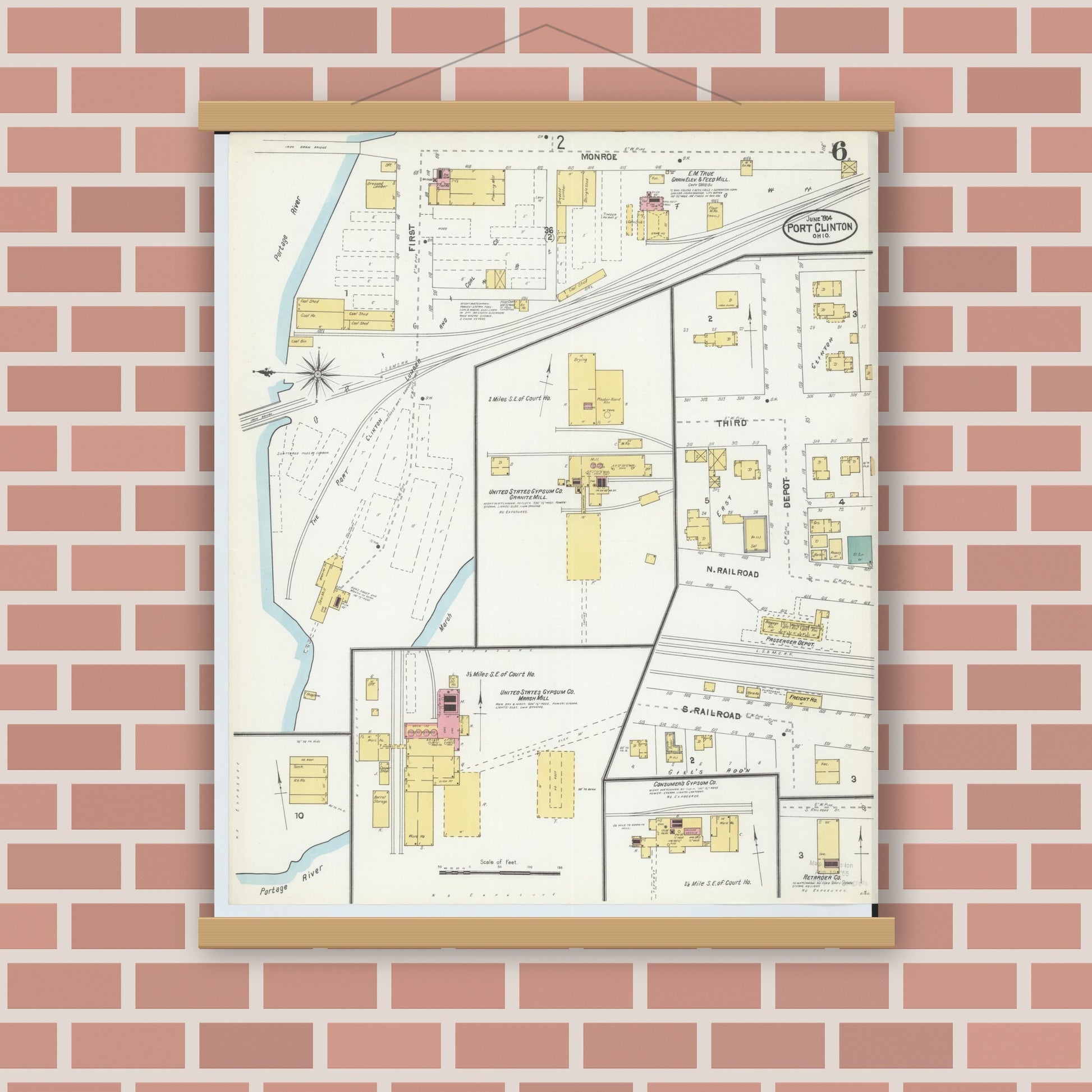 Old map wall art mockup — magnetic wood frame on brick wall — Sanborn Fire Insurance Map from Port Clinton, Ottawa County, Ohio (1904), Sheet #0006
